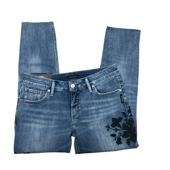 Silver Jeans Size 30W Girlfriend Skinny Mid Rise Blue Raw Hem Ankle Pants NEW