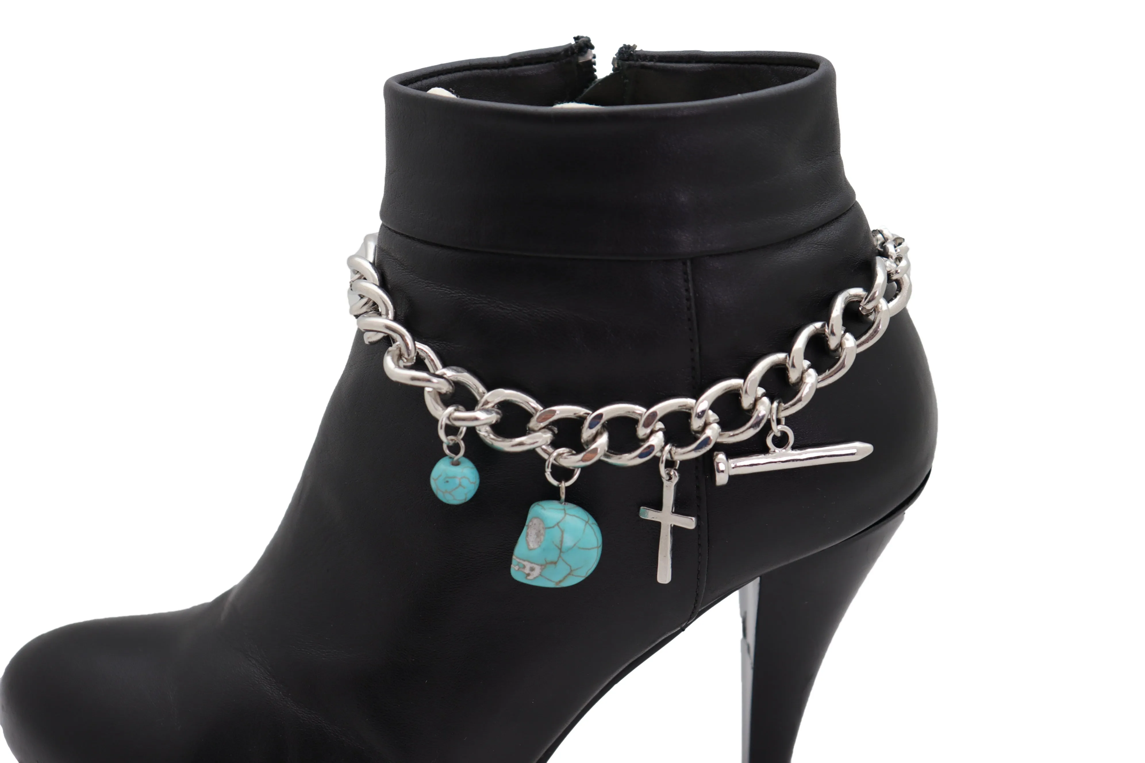 Silver Metal Chain Boot Bracelet Shoe Cross Nail Turquoise Skull Charm