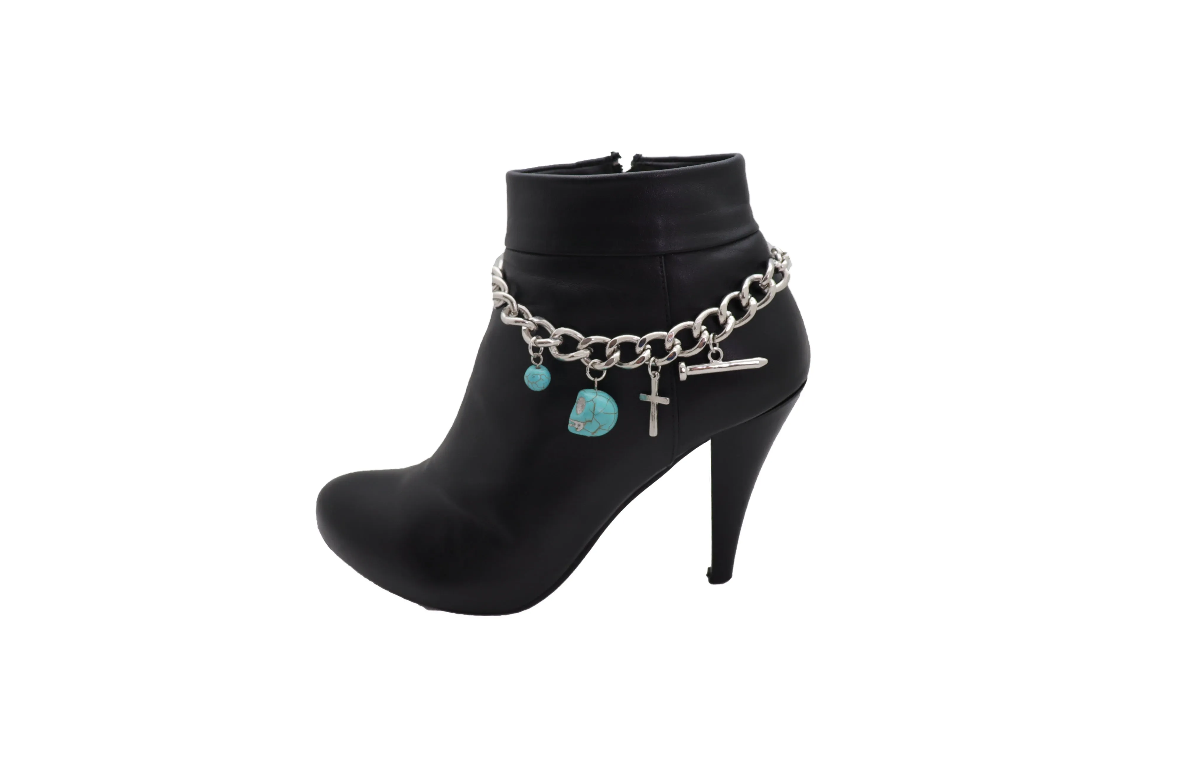 Silver Metal Chain Boot Bracelet Shoe Cross Nail Turquoise Skull Charm
