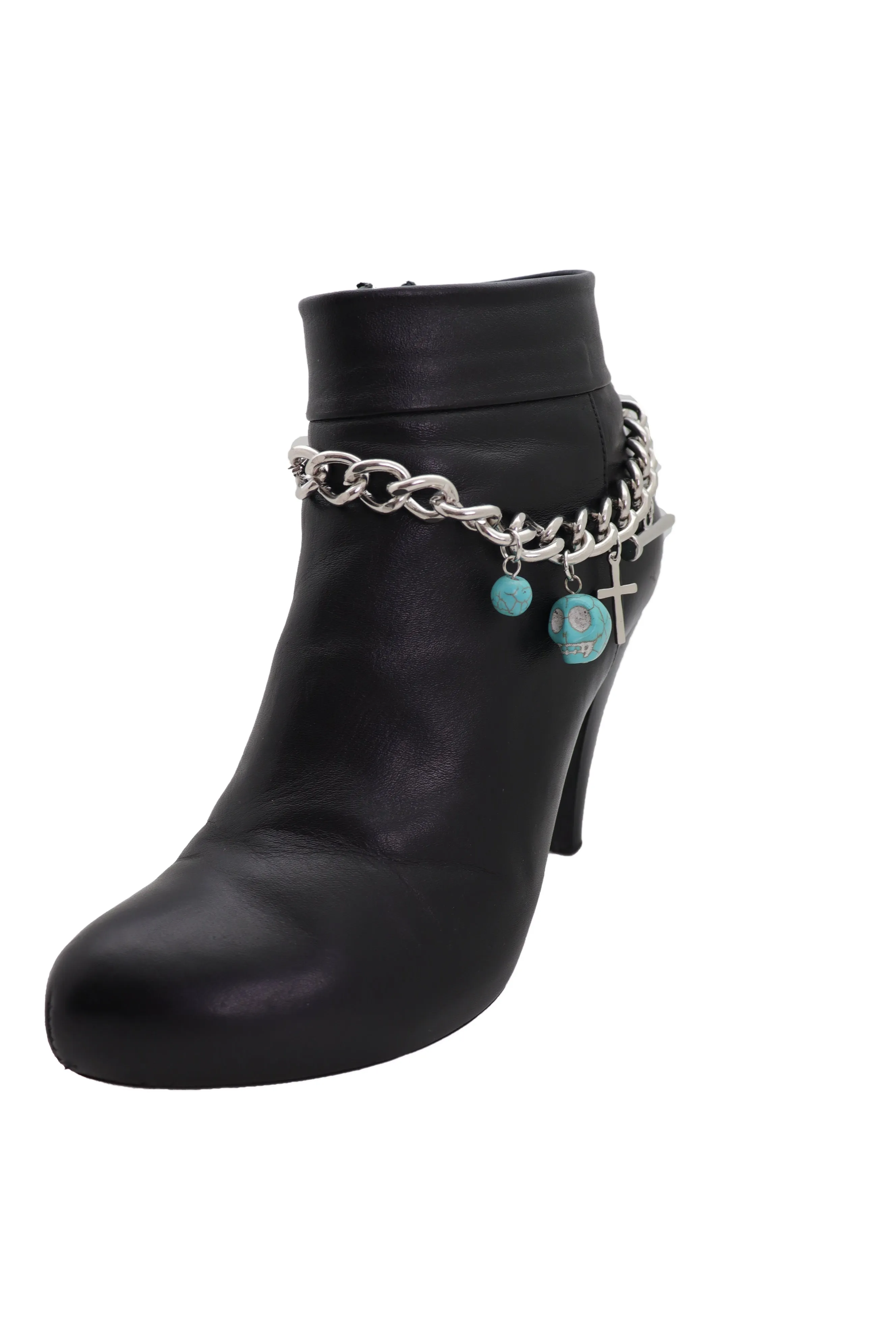 Silver Metal Chain Boot Bracelet Shoe Cross Nail Turquoise Skull Charm