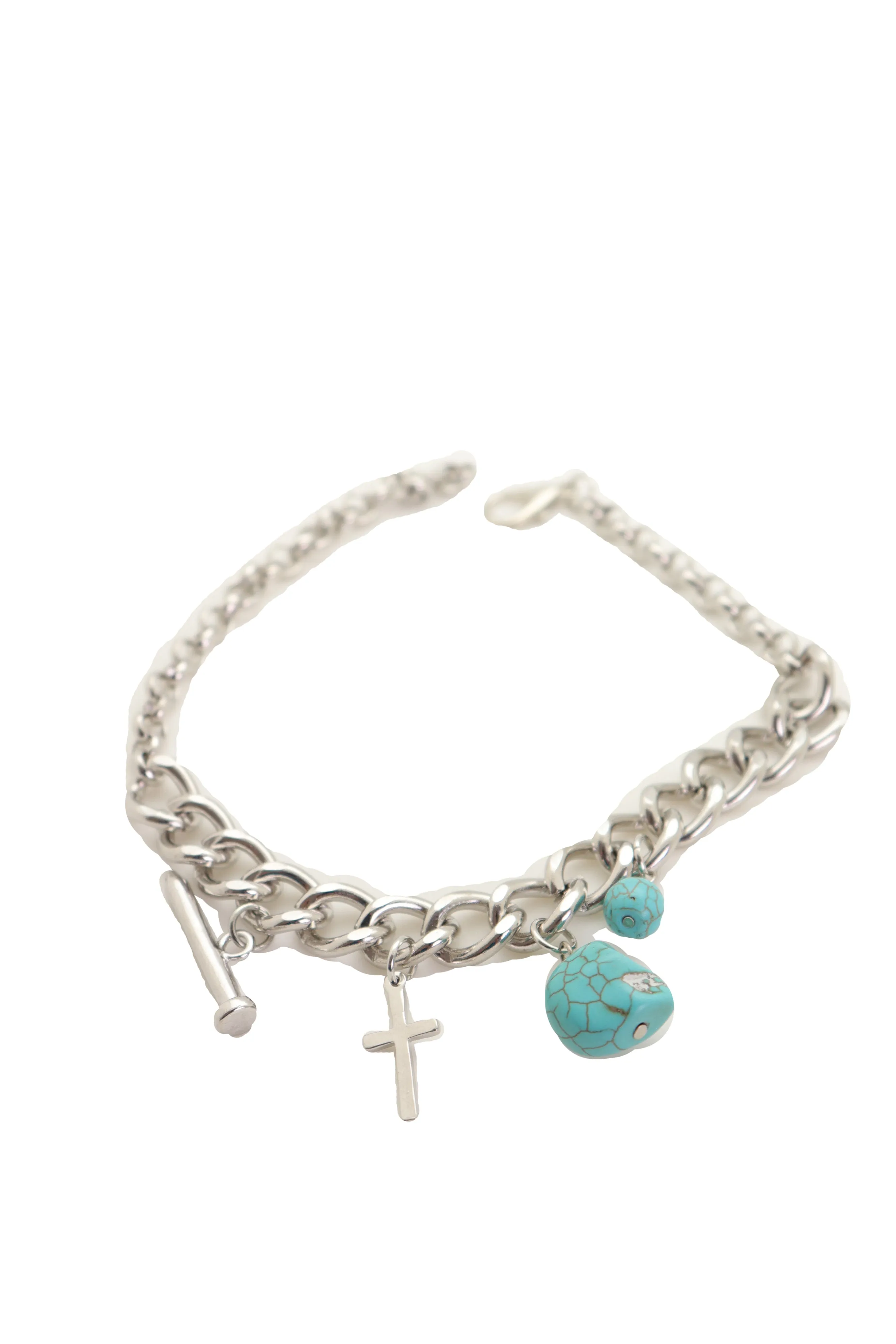 Silver Metal Chain Boot Bracelet Shoe Cross Nail Turquoise Skull Charm
