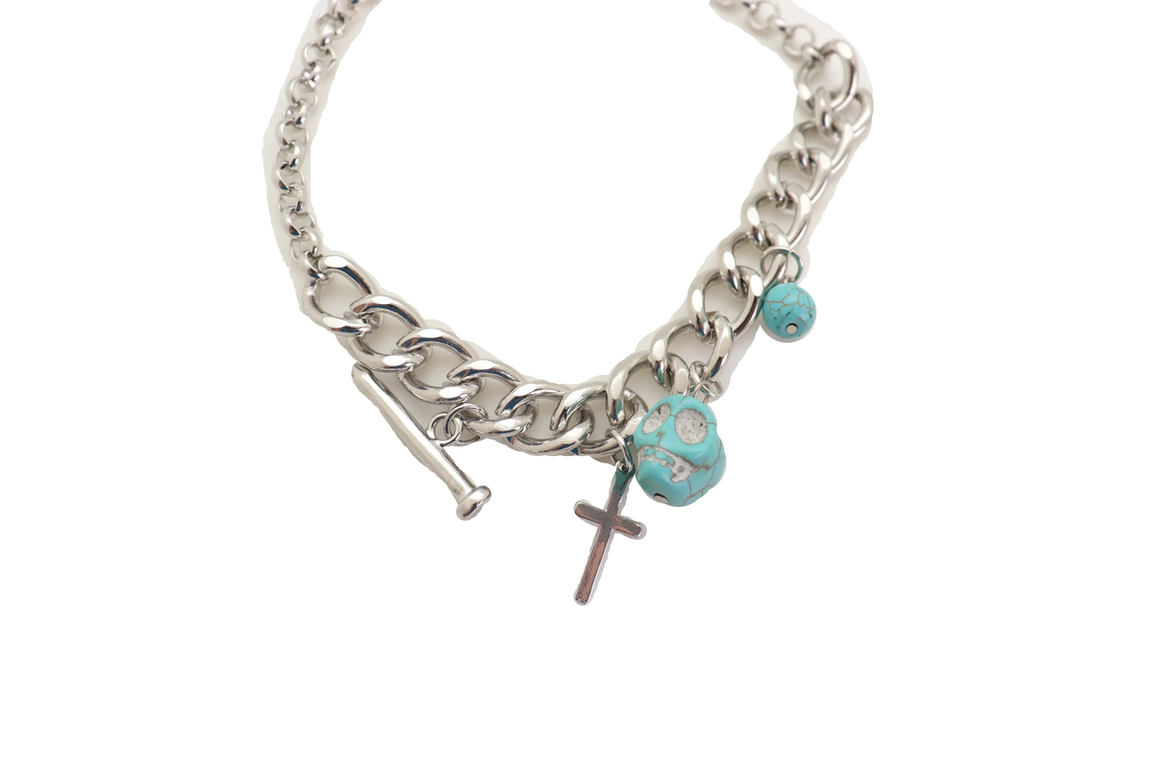 Silver Metal Chain Boot Bracelet Shoe Cross Nail Turquoise Skull Charm