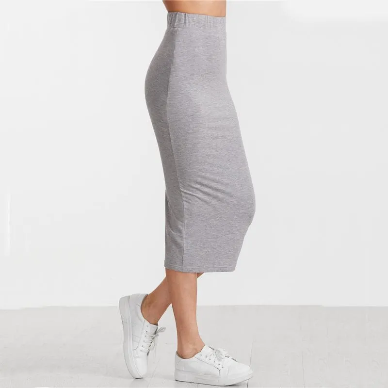 Solid Pencil Elastic Waist Skirt