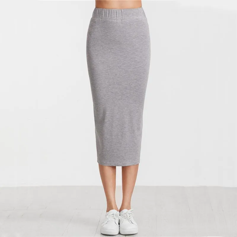 Solid Pencil Elastic Waist Skirt