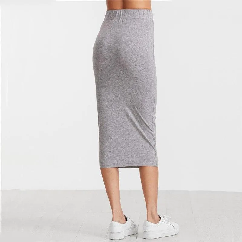Solid Pencil Elastic Waist Skirt
