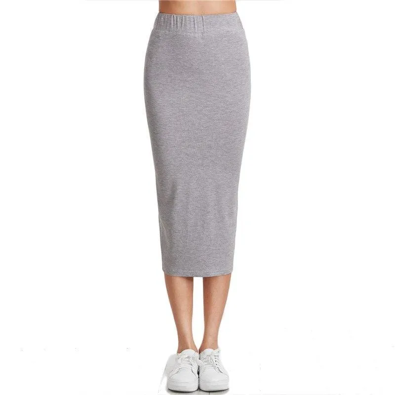 Solid Pencil Elastic Waist Skirt