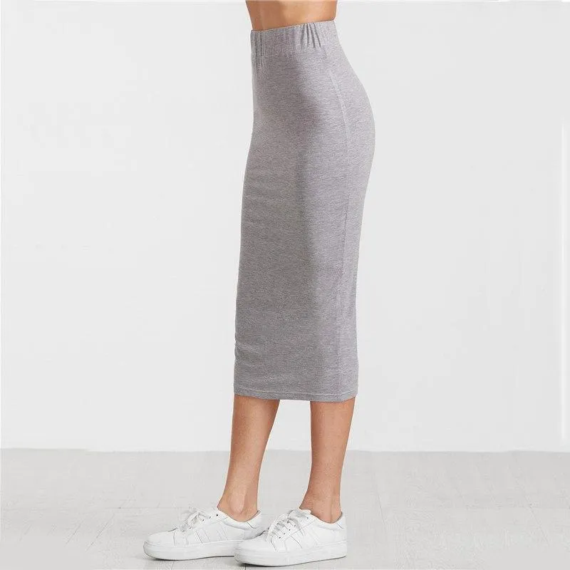 Solid Pencil Elastic Waist Skirt