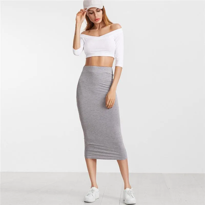 Solid Pencil Elastic Waist Skirt