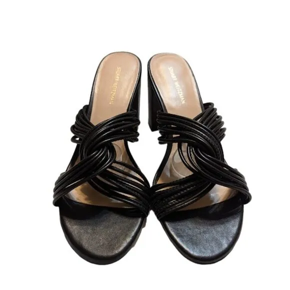 Stuart Weitzman Twist Block 75 Black Leather Block Heel Sandal Size 7.5 NWOBX
