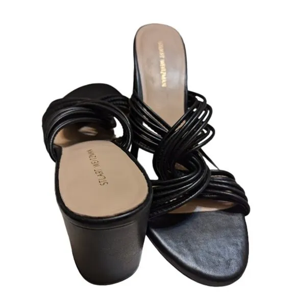 Stuart Weitzman Twist Block 75 Black Leather Block Heel Sandal Size 7.5 NWOBX