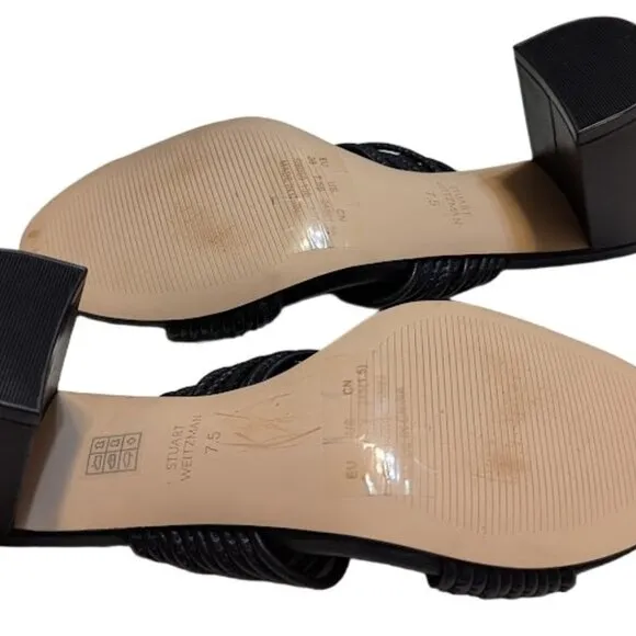 Stuart Weitzman Twist Block 75 Black Leather Block Heel Sandal Size 7.5 NWOBX