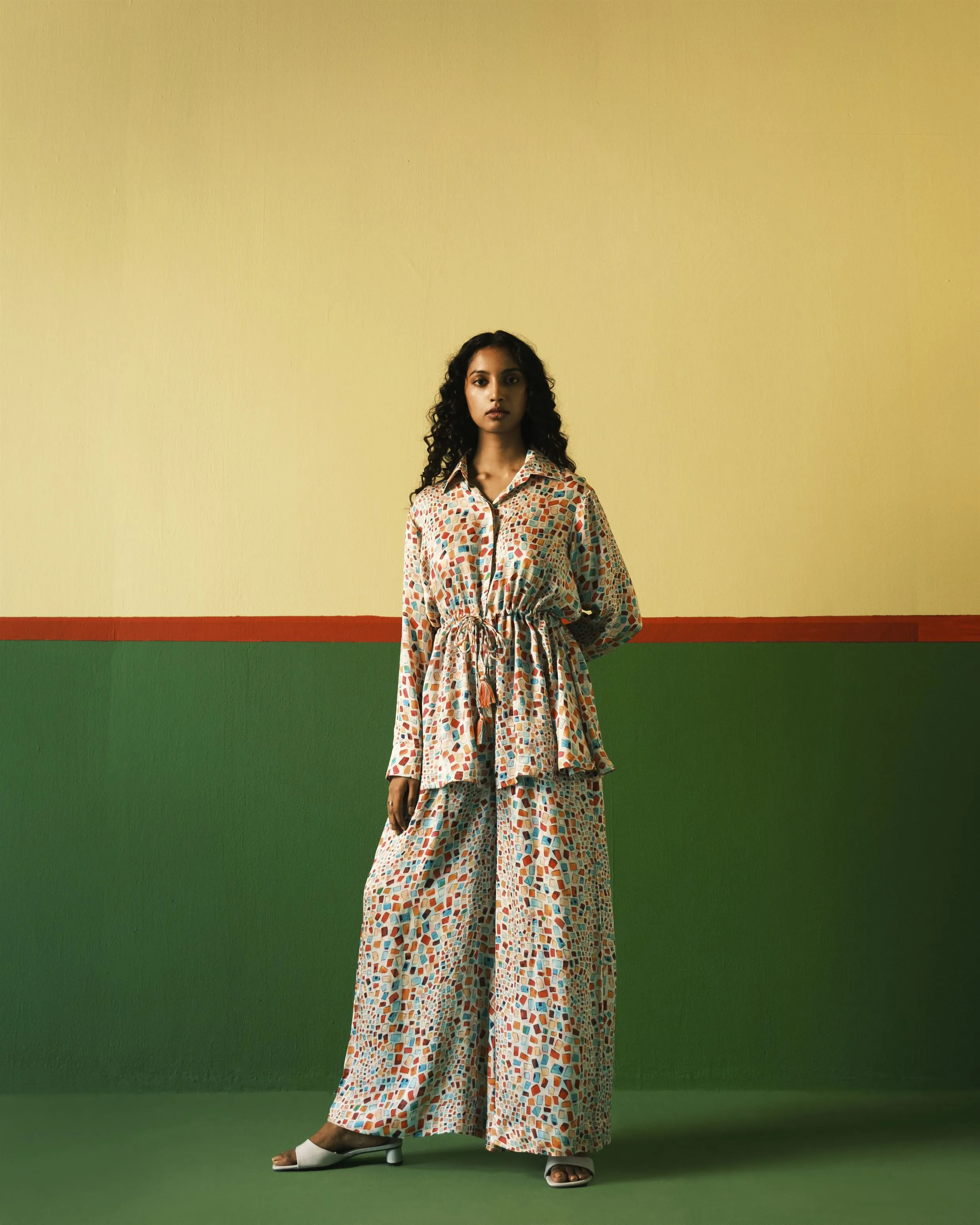Studio Rigu   I   Mayfair Tassle Shirt  Digitally Printed Vegan Silk Yellow Marble Print Srch027