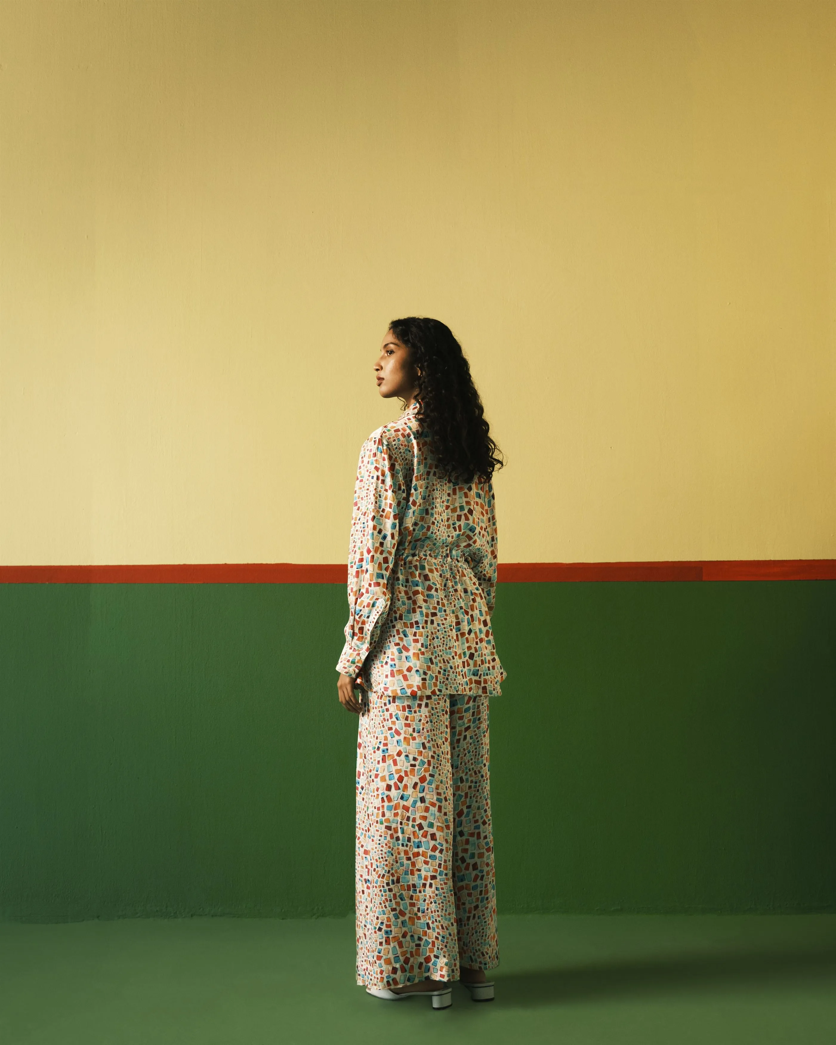 Studio Rigu   I   Mayfair Tassle Shirt  Digitally Printed Vegan Silk Yellow Marble Print Srch027