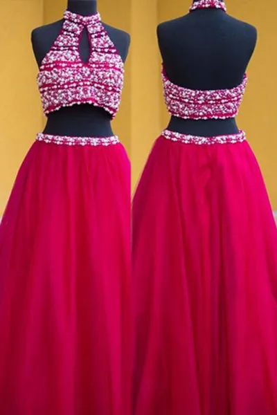 Two Piece A-line Halter Keyhole Floor Length Fuchsia Backless Prom Dress with Pearls P101