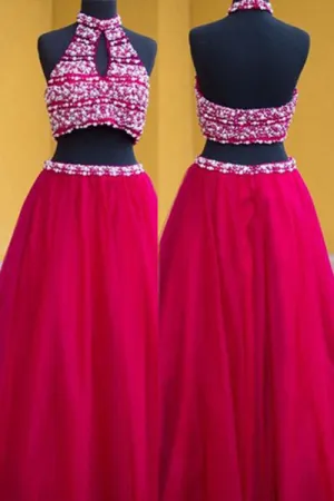 Two Piece A-line Halter Keyhole Floor Length Fuchsia Backless Prom Dress with Pearls P101
