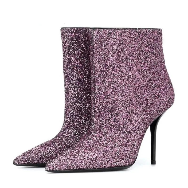 Violet Bling Bling Glittery Ankle Boots Elegant Pointed Toe Stiletto High Heel Sequined Dress Shoes Women