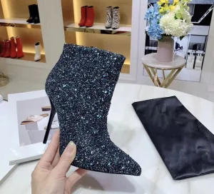 Violet Bling Bling Glittery Ankle Boots Elegant Pointed Toe Stiletto High Heel Sequined Dress Shoes Women