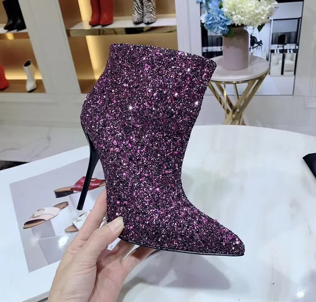 Violet Bling Bling Glittery Ankle Boots Elegant Pointed Toe Stiletto High Heel Sequined Dress Shoes Women