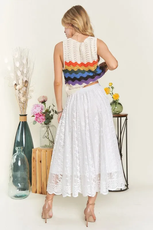 White Elastic Waist Lace Midi Skirt