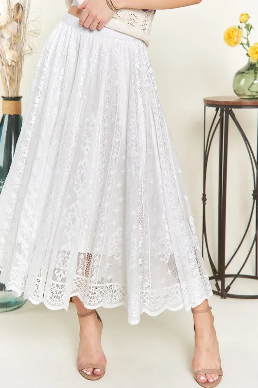 White Elastic Waist Lace Midi Skirt