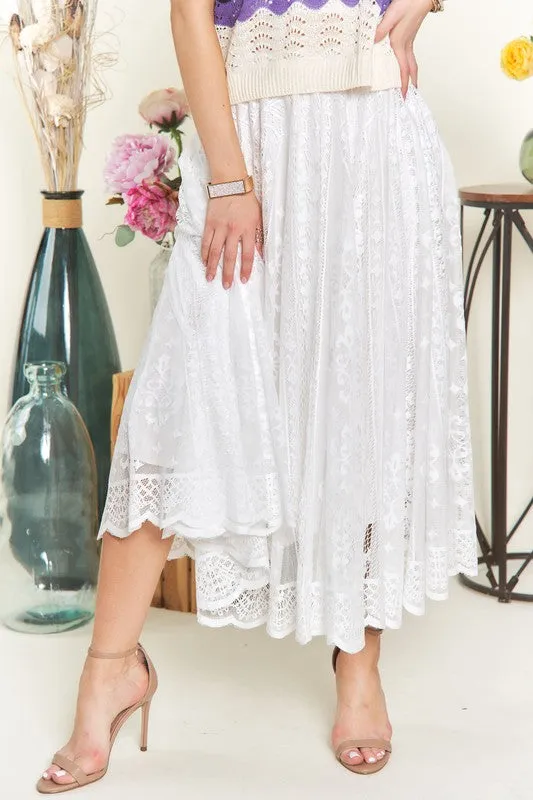 White Elastic Waist Lace Midi Skirt