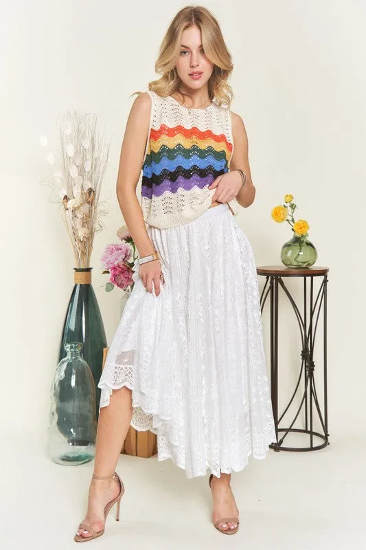 White Elastic Waist Lace Midi Skirt