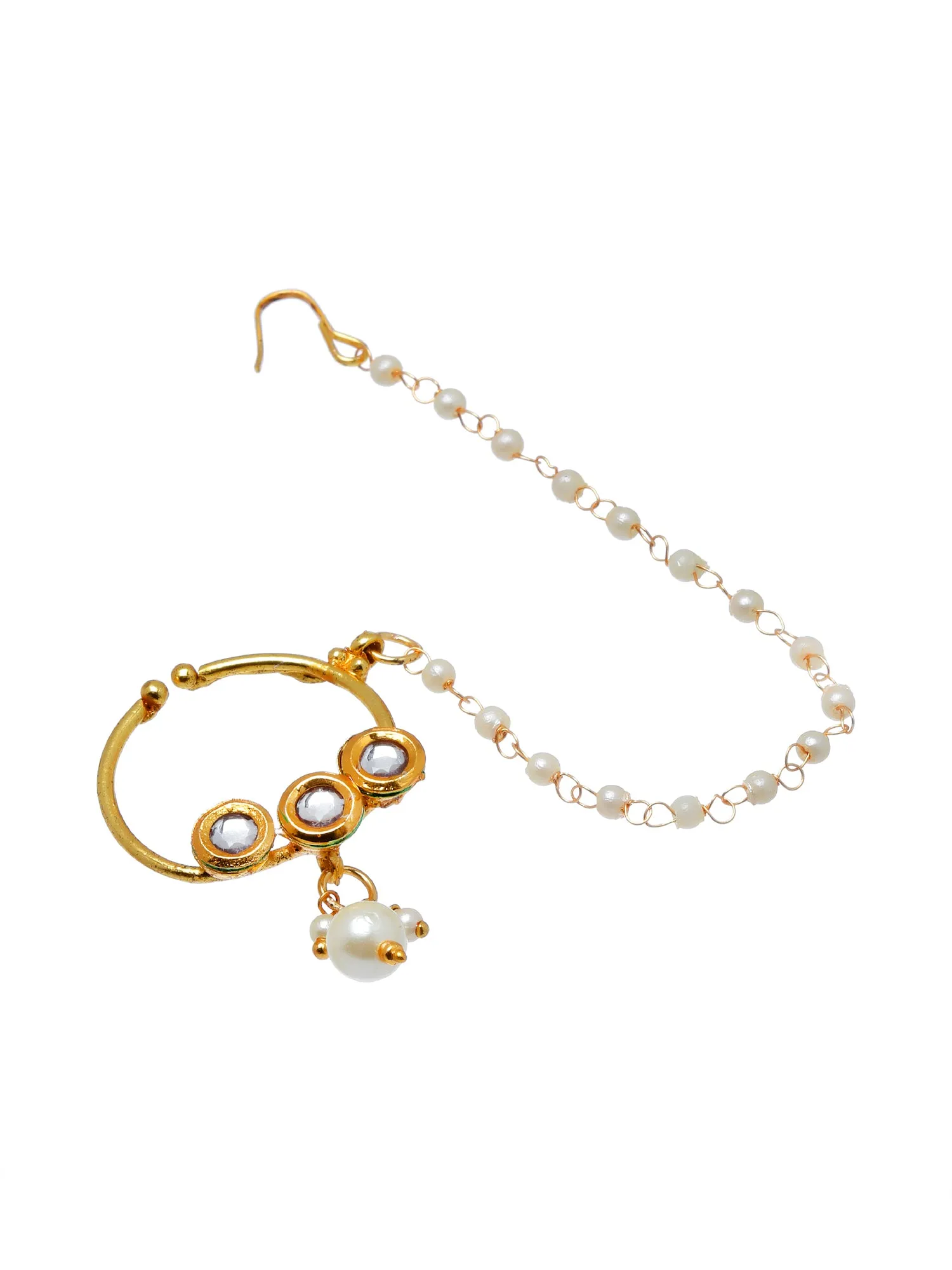 White Kundan Nosepin With Pearl Ball Chain
