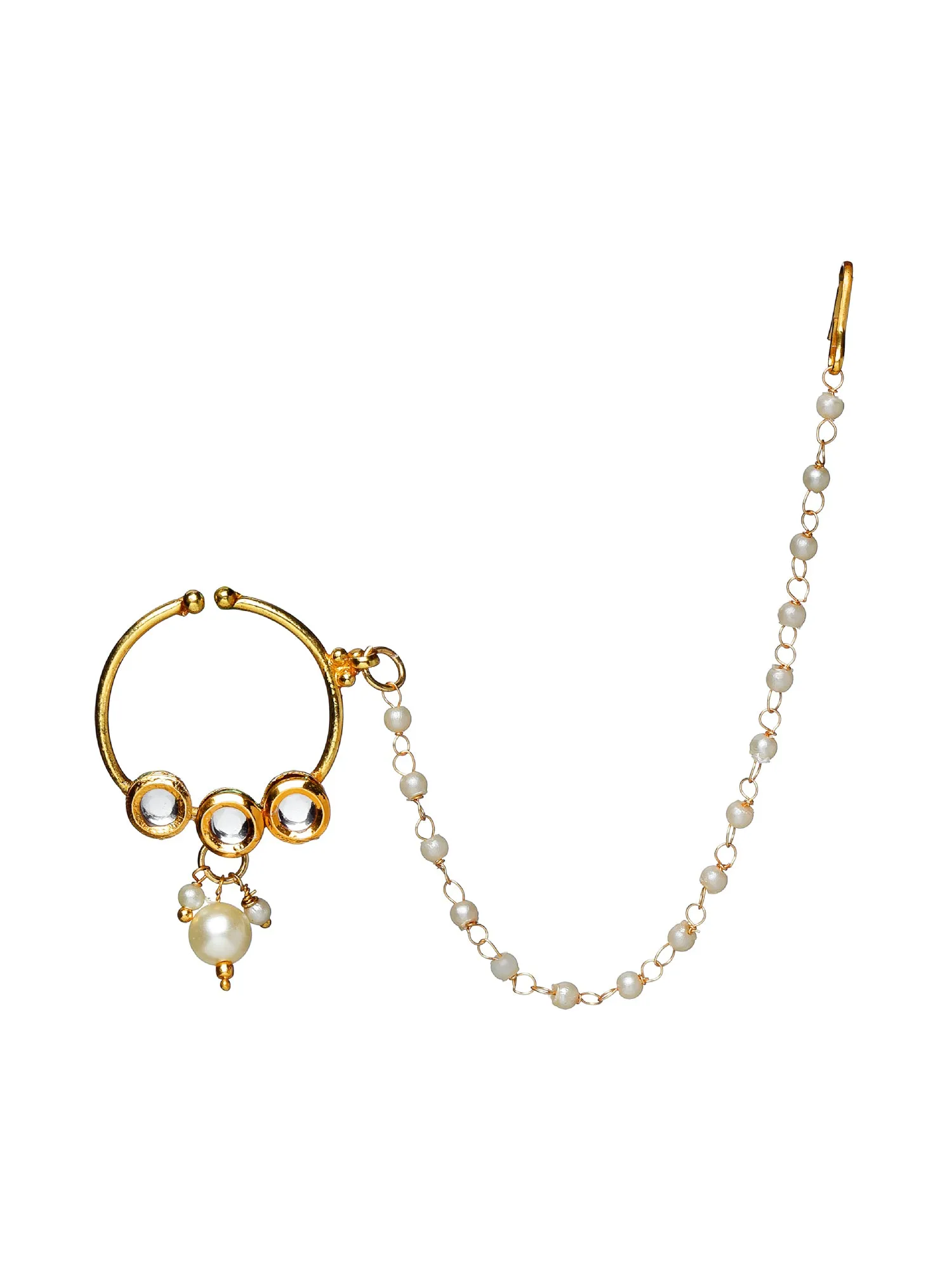 White Kundan Nosepin With Pearl Ball Chain