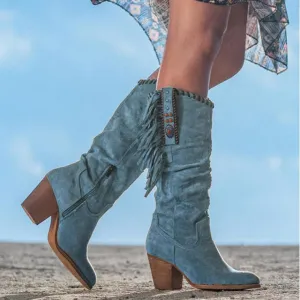 women knee high boots high heels vintage PU leather tassels shoe
