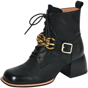 Women vintage cowhide chunky heels metal belt buckle Knight boots