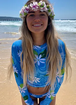 Women's Long Sleeve Rash Guard ~ Maimiti Print ~ Tahiti Blue