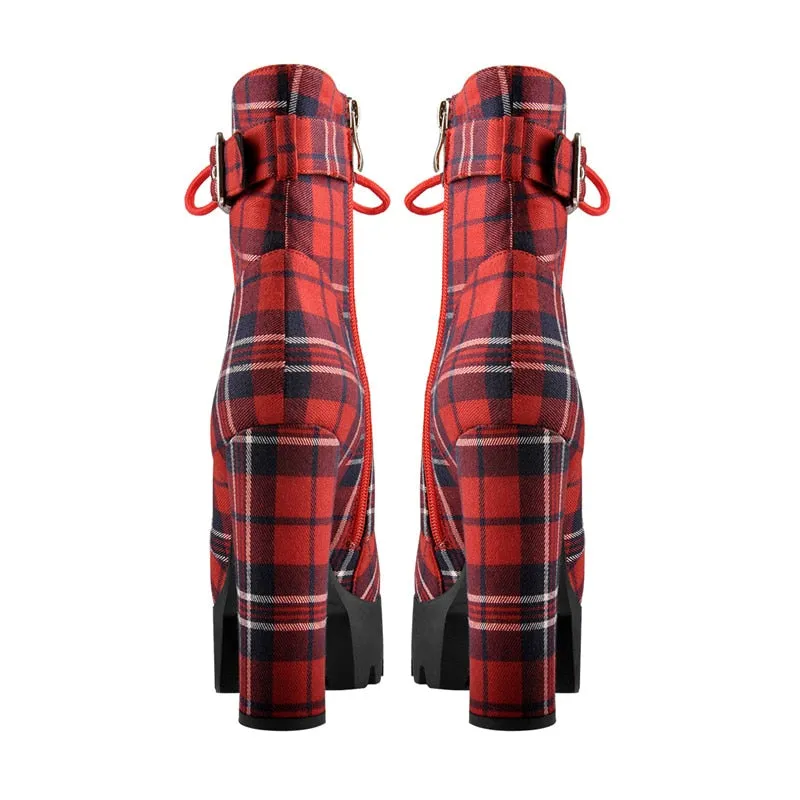 Women's Platform Ankle Boots Buckle Strap Chunky Heel Red Plaid Lace Up Side  Zipper Round Toe Booties For Winter