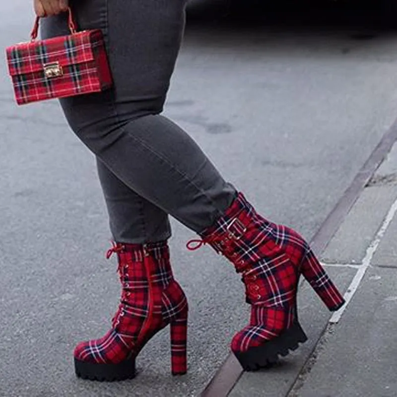Women's Platform Ankle Boots Buckle Strap Chunky Heel Red Plaid Lace Up Side  Zipper Round Toe Booties For Winter