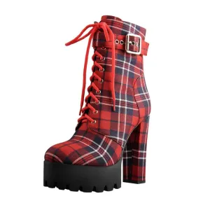 Women's Platform Ankle Boots Buckle Strap Chunky Heel Red Plaid Lace Up Side  Zipper Round Toe Booties For Winter