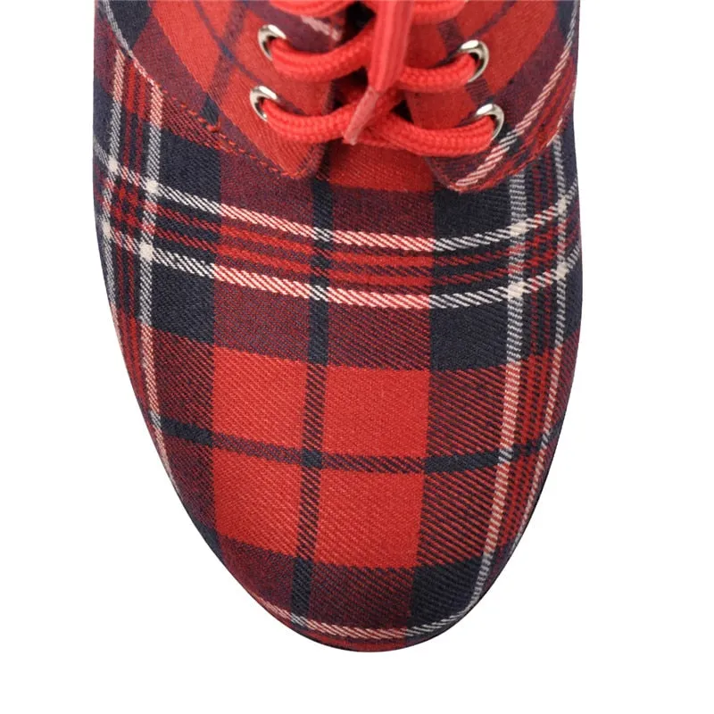 Women's Platform Ankle Boots Buckle Strap Chunky Heel Red Plaid Lace Up Side  Zipper Round Toe Booties For Winter