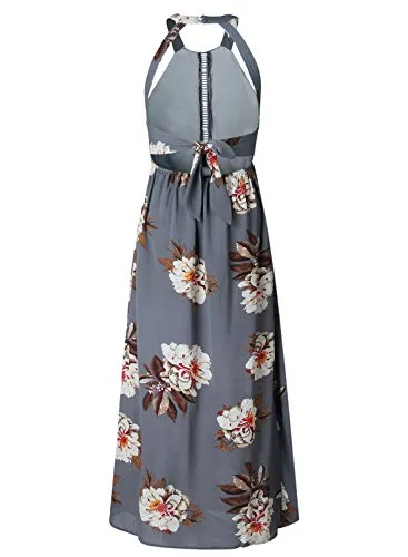 ZESICA Women's Halter Neck Floral Print Backless Split Beach Party Maxi Dress,Grey,Medium