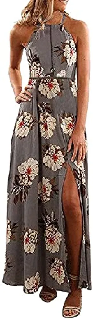 ZESICA Women's Halter Neck Floral Print Backless Split Beach Party Maxi Dress,Grey,Medium