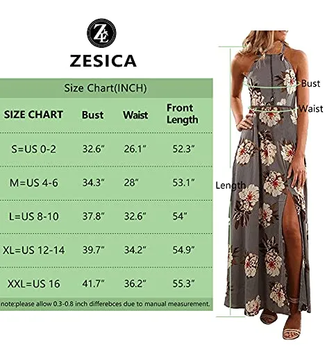 ZESICA Women's Halter Neck Floral Print Backless Split Beach Party Maxi Dress,Grey,Medium