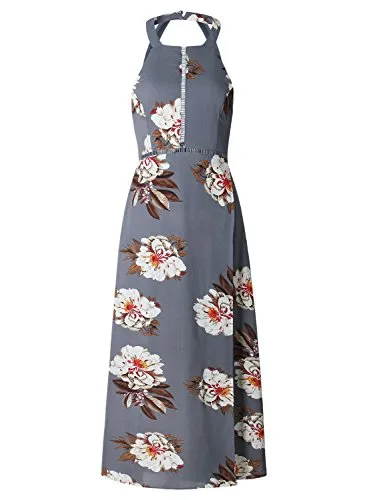 ZESICA Women's Halter Neck Floral Print Backless Split Beach Party Maxi Dress,Grey,Medium