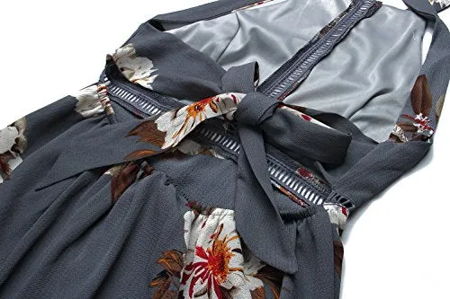 ZESICA Women's Halter Neck Floral Print Backless Split Beach Party Maxi Dress,Grey,Medium